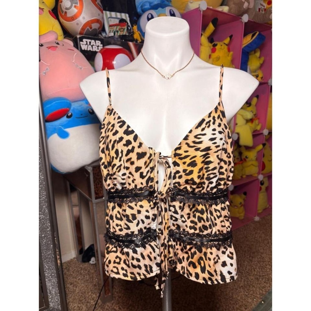 Y2K No Boundaries Leopard Print Lace Trim Cami Top Brown Black Large #2